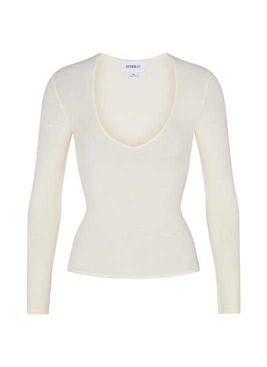 Perfect-V Long Sleeve Tee, Cream / XS, Tops - Brownlee